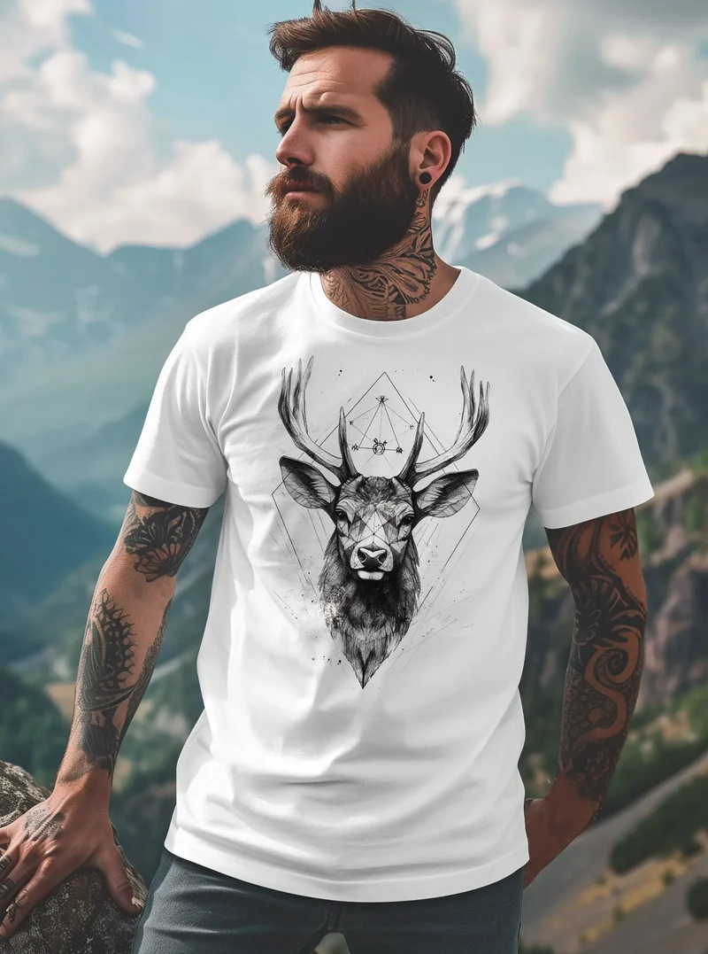 Herren T-Shirt Hirsch Trachtenshirt Tiermotiv WildTier Abstrakt Polygon Kunst Printshirt Fashion