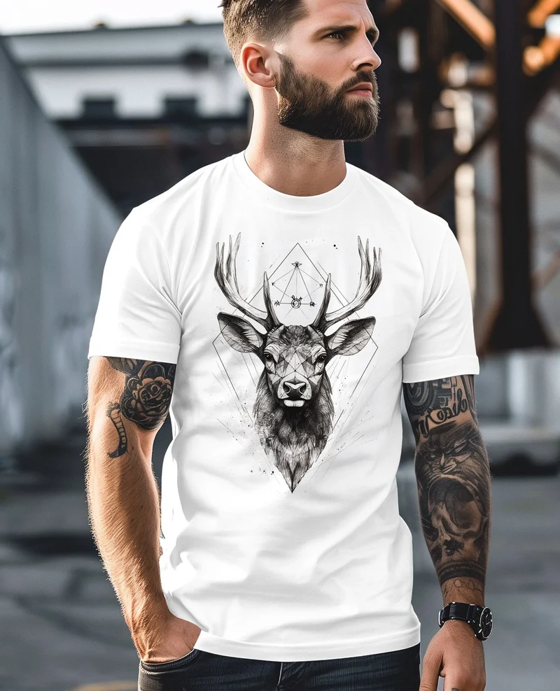 Herren T-Shirt Hirsch Trachtenshirt Tiermotiv WildTier Abstrakt Polygon Kunst Printshirt Fashion