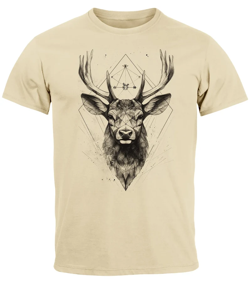 Herren T-Shirt Hirsch Trachtenshirt Tiermotiv WildTier Abstrakt Polygon Kunst Printshirt Fashion