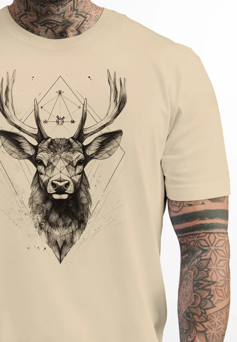 Herren T-Shirt Hirsch Trachtenshirt Tiermotiv WildTier Abstrakt Polygon Kunst Printshirt Fashion