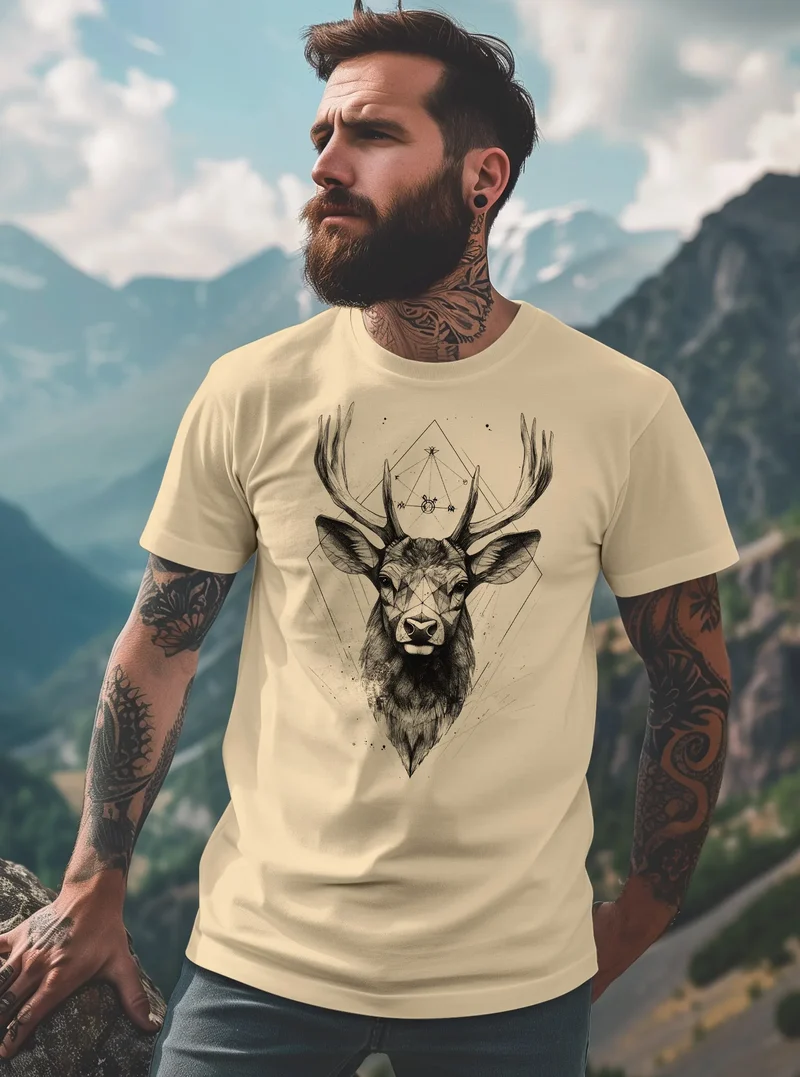 Herren T-Shirt Hirsch Trachtenshirt Tiermotiv WildTier Abstrakt Polygon Kunst Printshirt Fashion