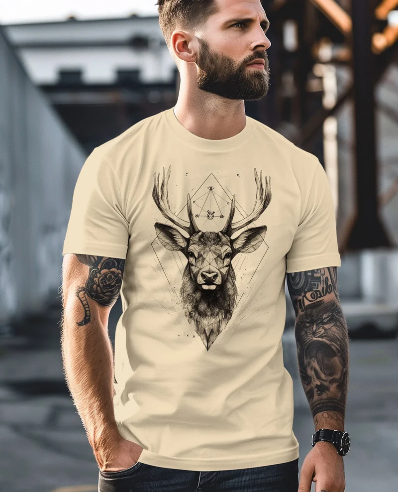 Herren T-Shirt Hirsch Trachtenshirt Tiermotiv WildTier Abstrakt Polygon Kunst Printshirt Fashion
