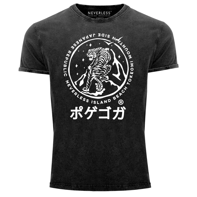 Herren Vintage Shirt Tiger Japan asiatische Schriftzeichen Logo Printshirt T-Shirt Aufdruck Used Look Slim Fit