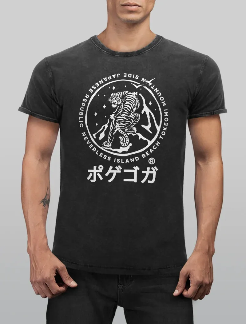 Herren Vintage Shirt Tiger Japan asiatische Schriftzeichen Logo Printshirt T-Shirt Aufdruck Used Look Slim Fit