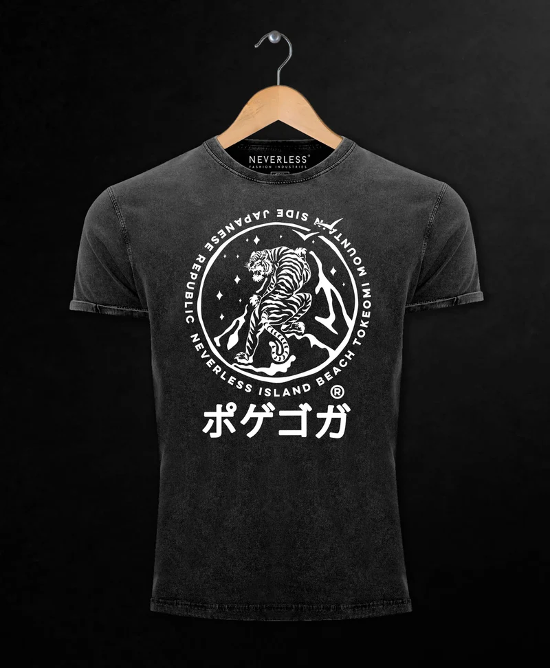 Herren Vintage Shirt Tiger Japan asiatische Schriftzeichen Logo Printshirt T-Shirt Aufdruck Used Look Slim Fit