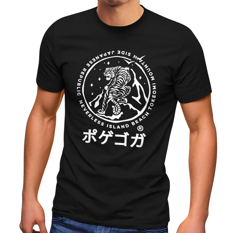 Herren T-Shirt Tiger Japan asiatische Schriftzeichen Logo Mountain Fashion Streetstyle