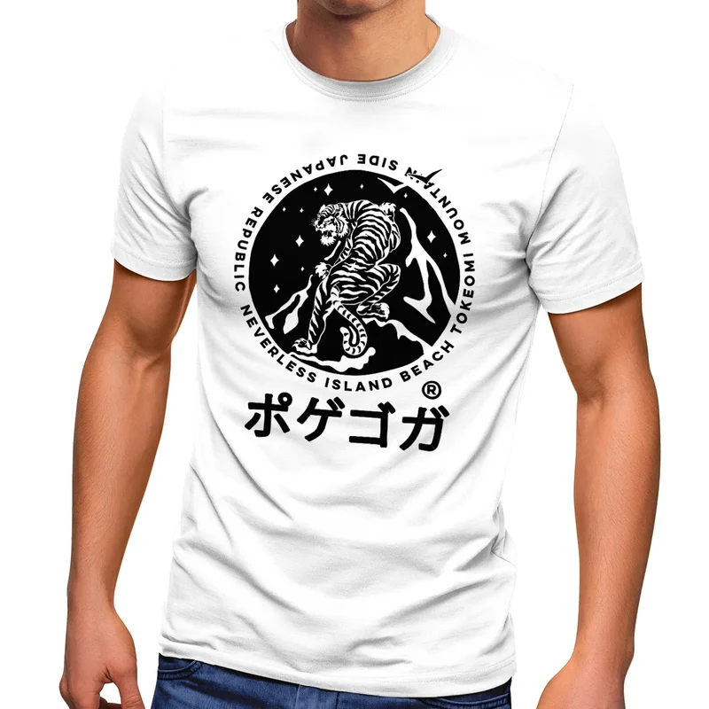 Herren T-Shirt Tiger Japan asiatische Schriftzeichen Logo Mountain Fashion Streetstyle