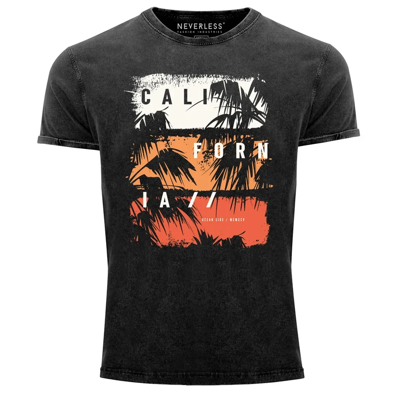Herren Vintage Shirt California Schriftzug Palmen Printshirt T-Shirt Aufdruck Used Look Slim Fit