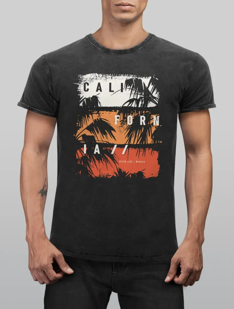 Herren Vintage Shirt California Schriftzug Palmen Printshirt T-Shirt Aufdruck Used Look Slim Fit