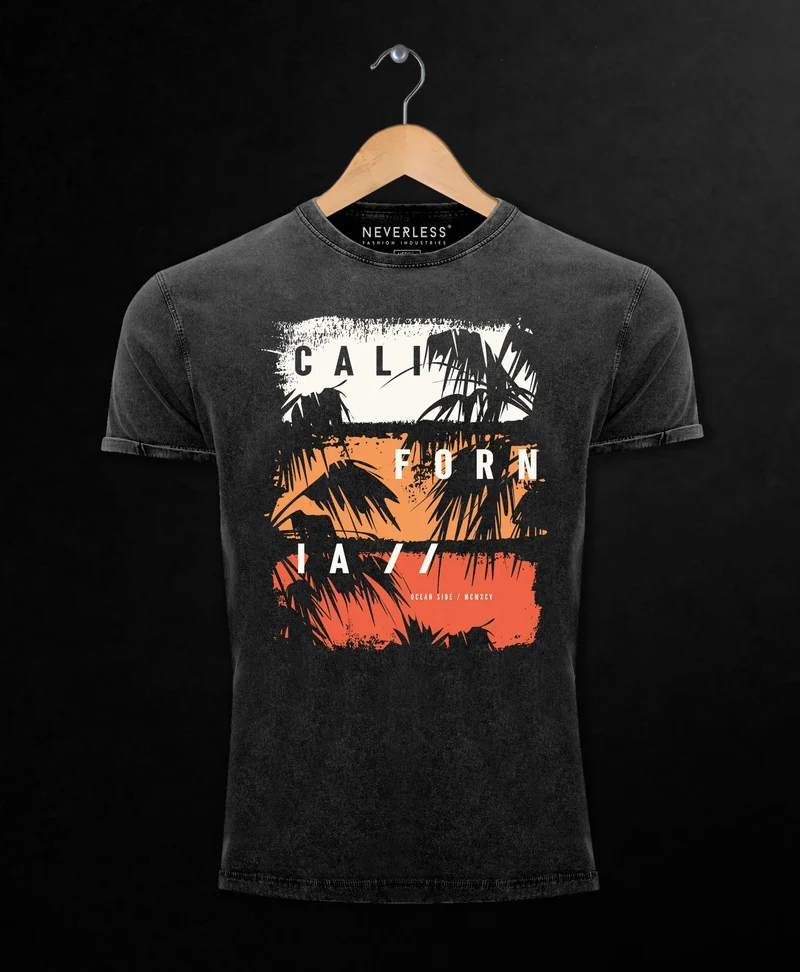 Herren Vintage Shirt California Schriftzug Palmen Printshirt T-Shirt Aufdruck Used Look Slim Fit