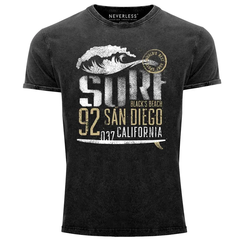 Herren Vintage Shirt Surf California T-Shirt Aufdruck San Diego Welle Used Look Slim Fit
