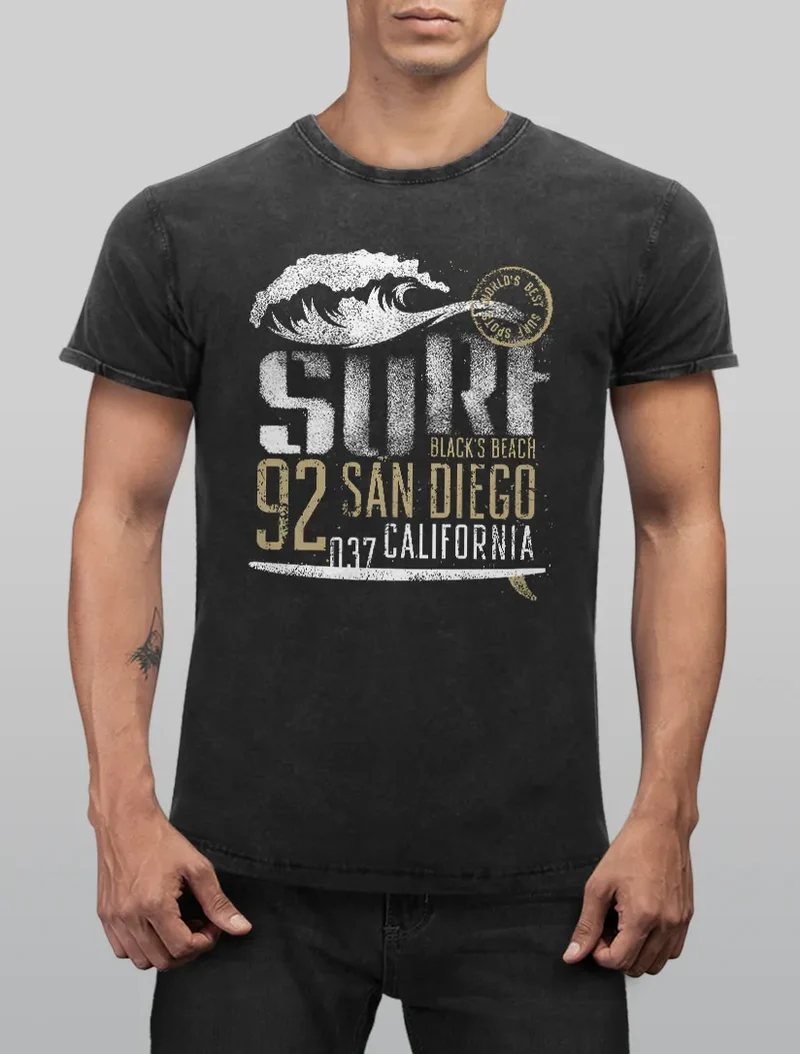 Herren Vintage Shirt Surf California T-Shirt Aufdruck San Diego Welle Used Look Slim Fit