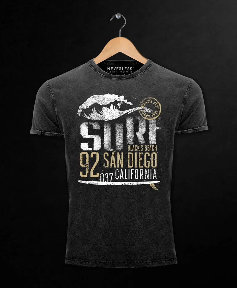 Herren Vintage Shirt Surf California T-Shirt Aufdruck San Diego Welle Used Look Slim Fit