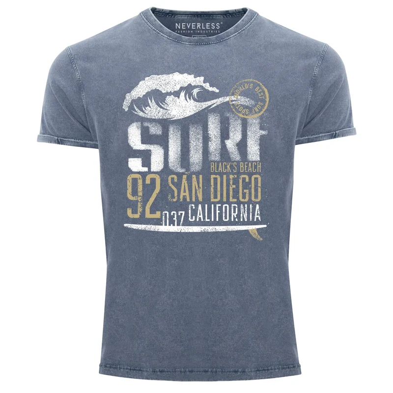 Herren Vintage Shirt Surf California T-Shirt Aufdruck San Diego Welle Used Look Slim Fit