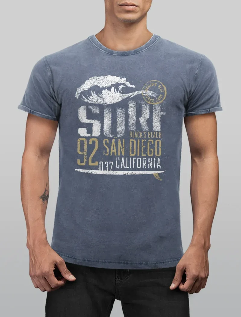 Herren Vintage Shirt Surf California T-Shirt Aufdruck San Diego Welle Used Look Slim Fit