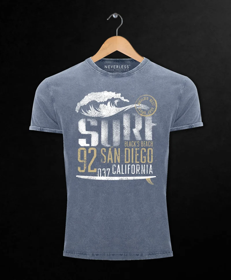 Herren Vintage Shirt Surf California T-Shirt Aufdruck San Diego Welle Used Look Slim Fit