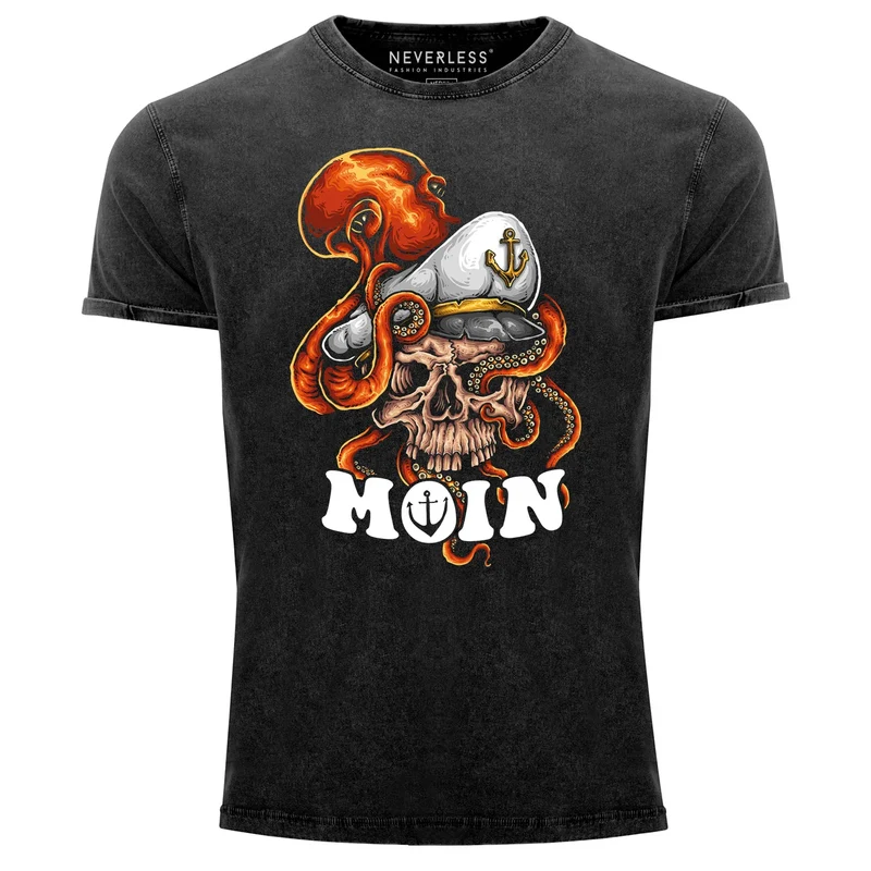 Herren Vintage Shirt Moin Totenkopf Käptn Kapitän Octopus Printshirt T-Shirt Aufdruck Used Look Slim Fit