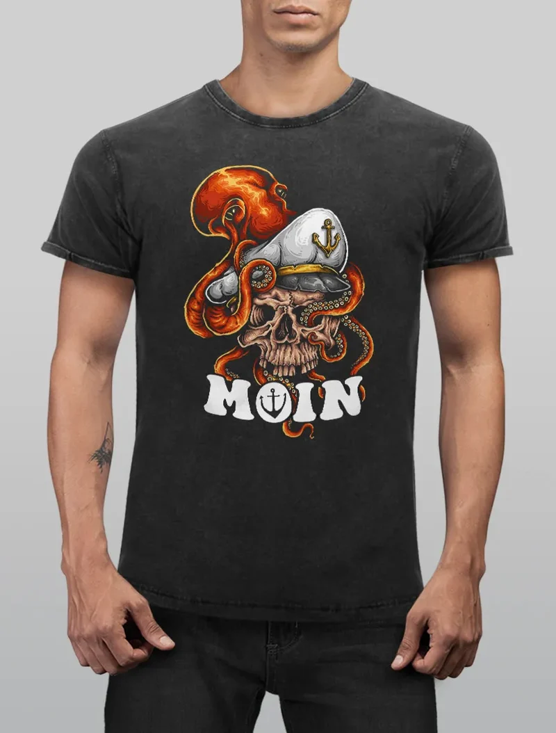 Herren Vintage Shirt Moin Totenkopf Käptn Kapitän Octopus Printshirt T-Shirt Aufdruck Used Look Slim Fit