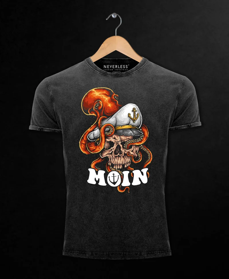 Herren Vintage Shirt Moin Totenkopf Käptn Kapitän Octopus Printshirt T-Shirt Aufdruck Used Look Slim Fit