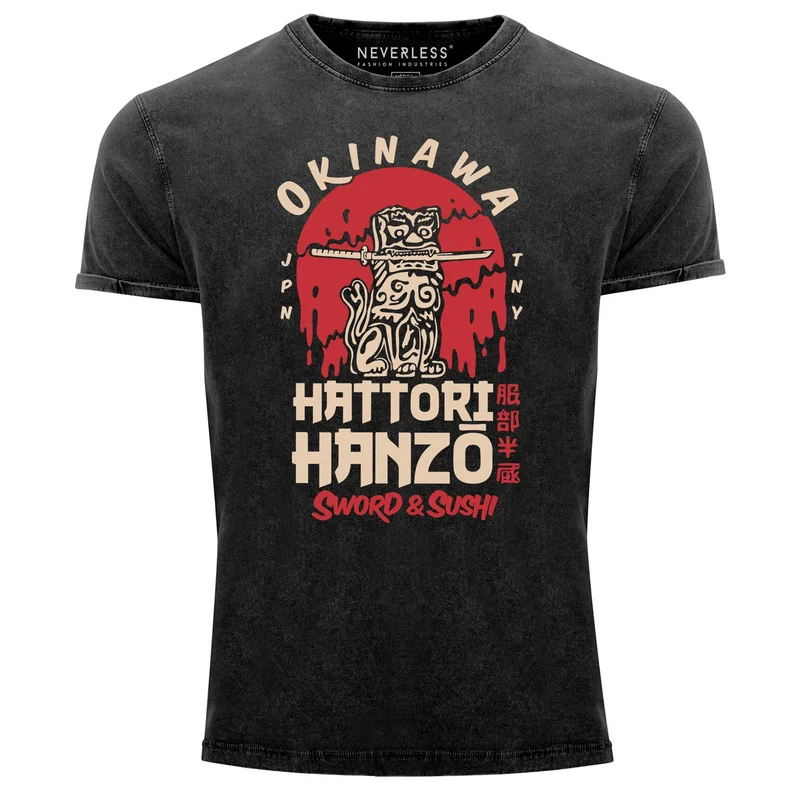Herren Vintage Shirt Hattori Hanzo Sword and Sushi Okinawa Japan Schriftzeichen Superior Design Used Look