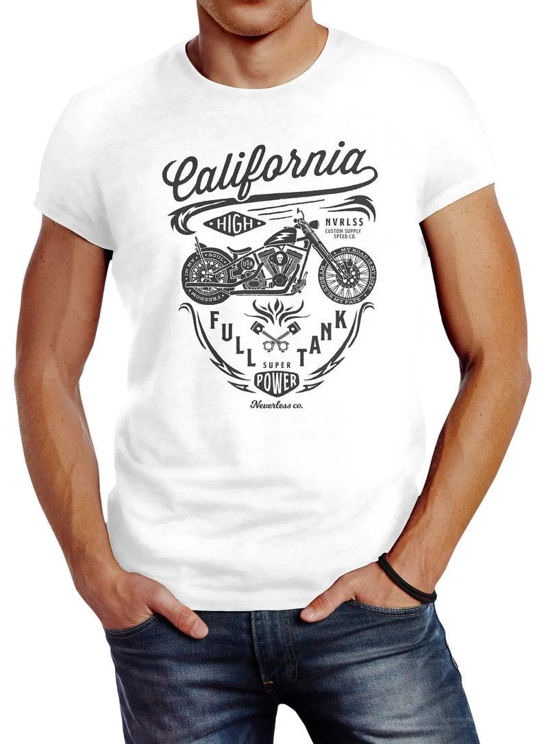 Herren T-Shirt Biker Motorrad Schriftzug California Full Tank Retro Design Fashion Streetstyle