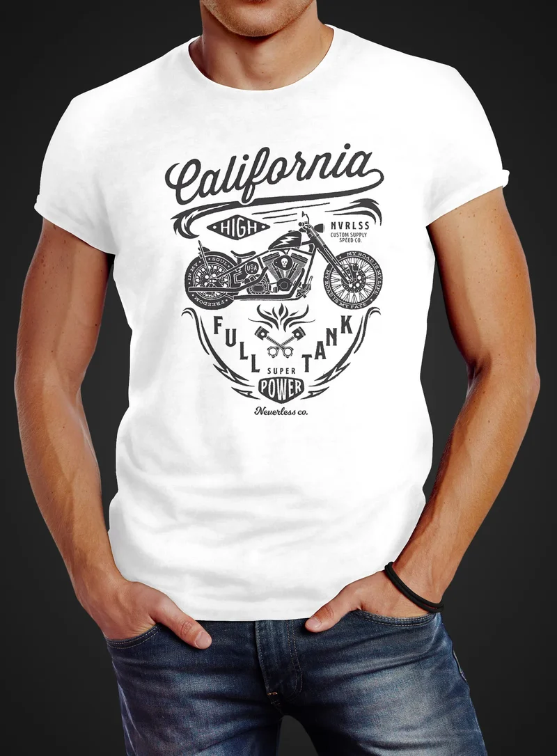 Herren T-Shirt Biker Motorrad Schriftzug California Full Tank Retro Design Fashion Streetstyle