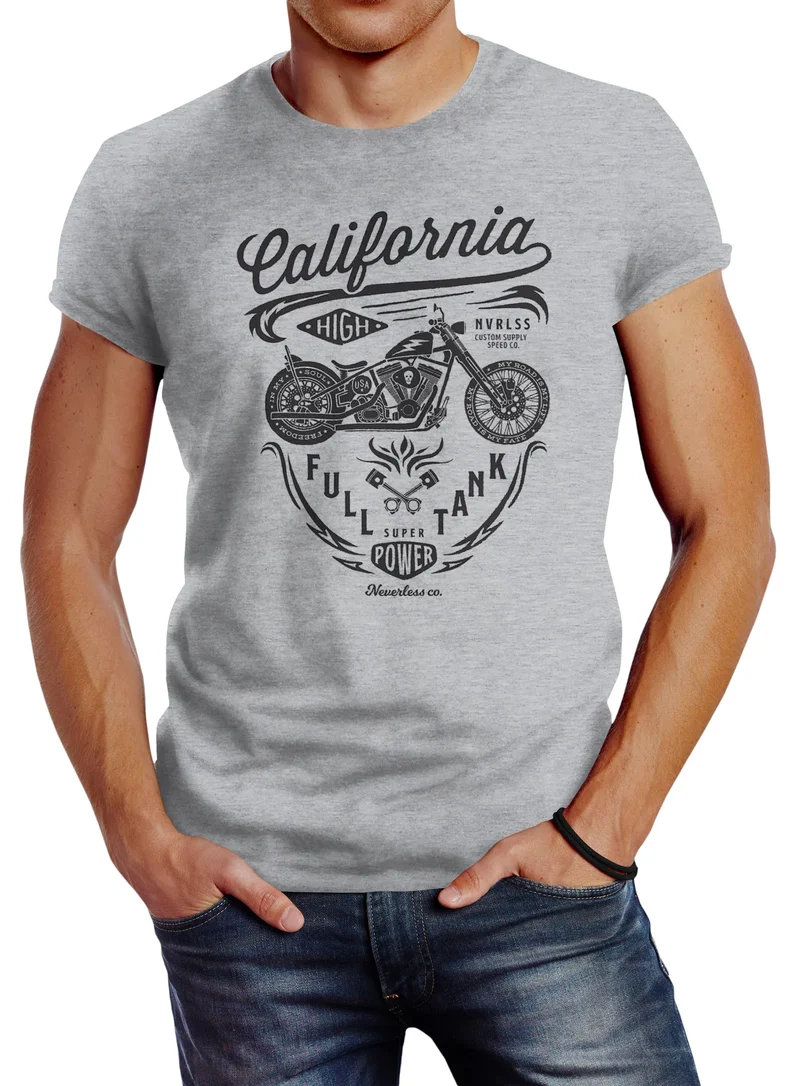 Herren T-Shirt Biker Motorrad Schriftzug California Full Tank Retro Design Fashion Streetstyle