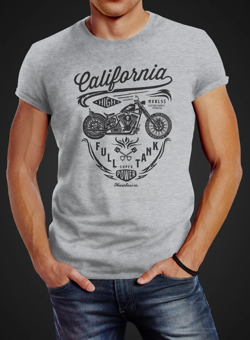 Herren T-Shirt Biker Motorrad Schriftzug California Full Tank Retro Design Fashion Streetstyle