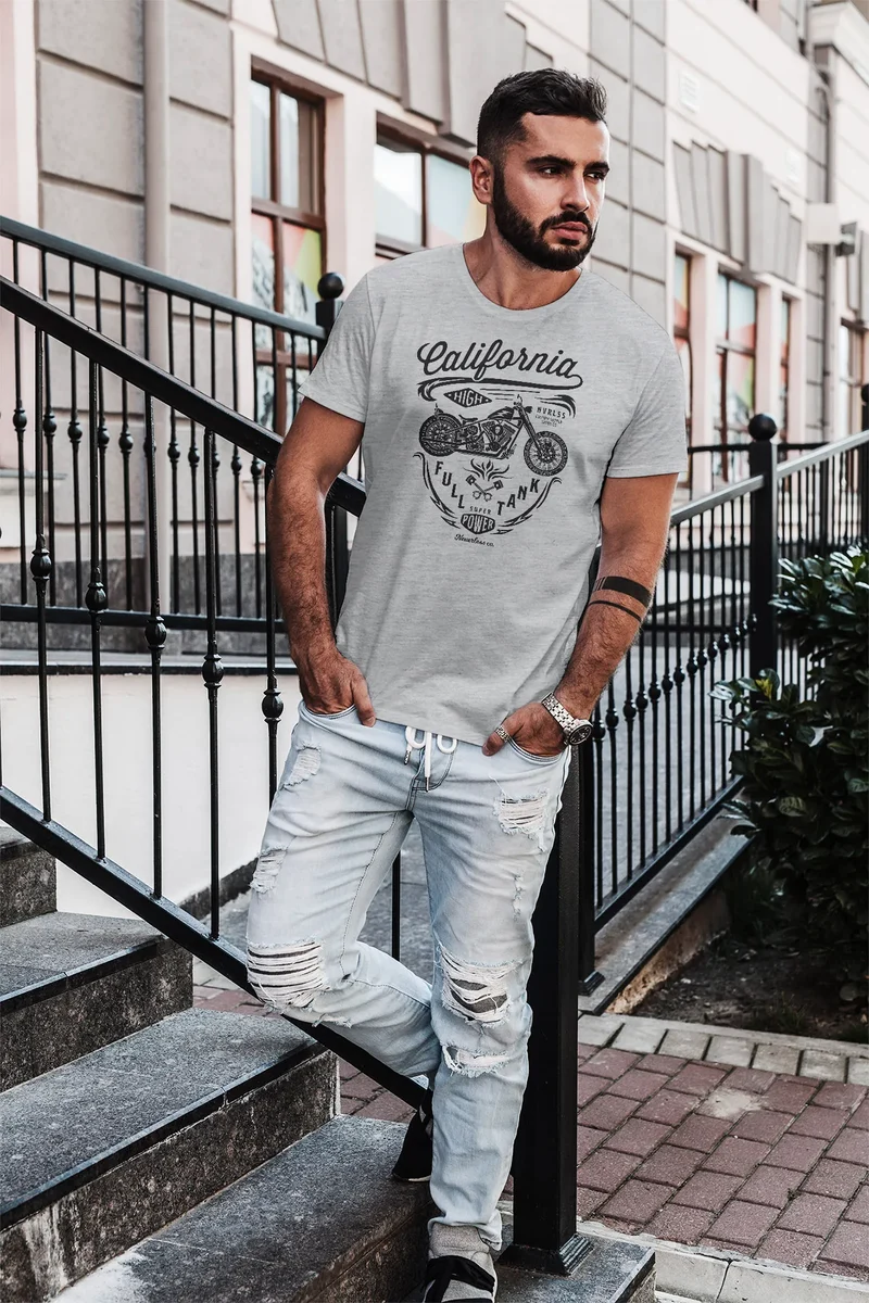 Herren T-Shirt Biker Motorrad Schriftzug California Full Tank Retro Design Fashion Streetstyle