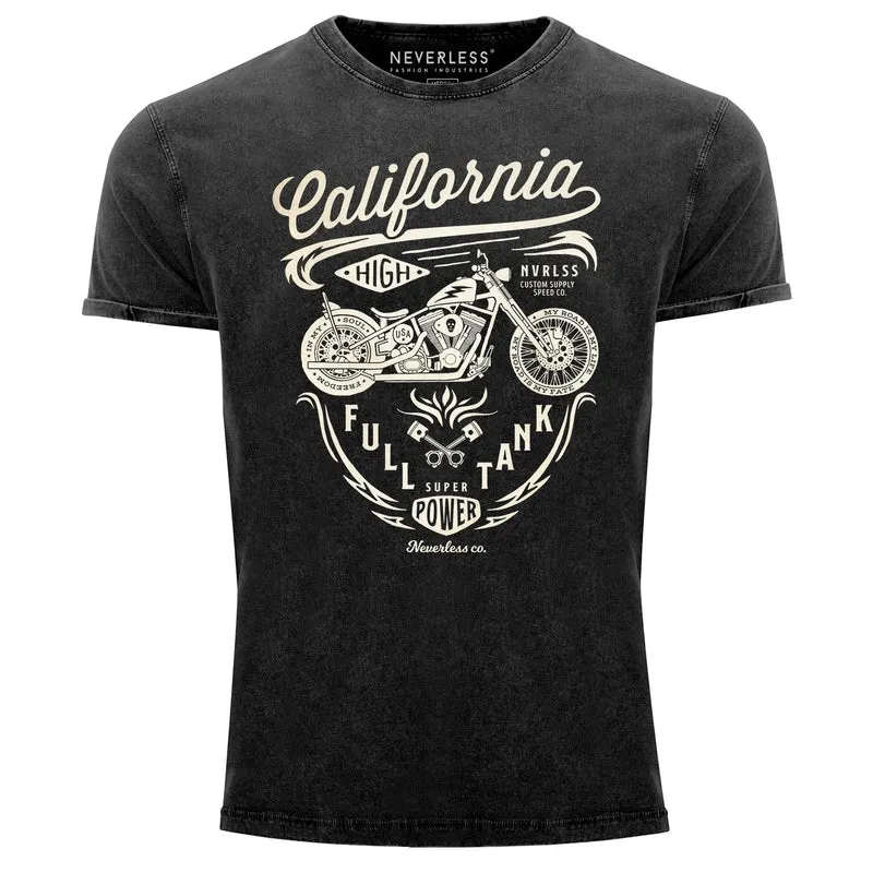 Herren Vintage Shirt Biker Motorrad Schriftzug California Full Tank Used Look Slim Fit