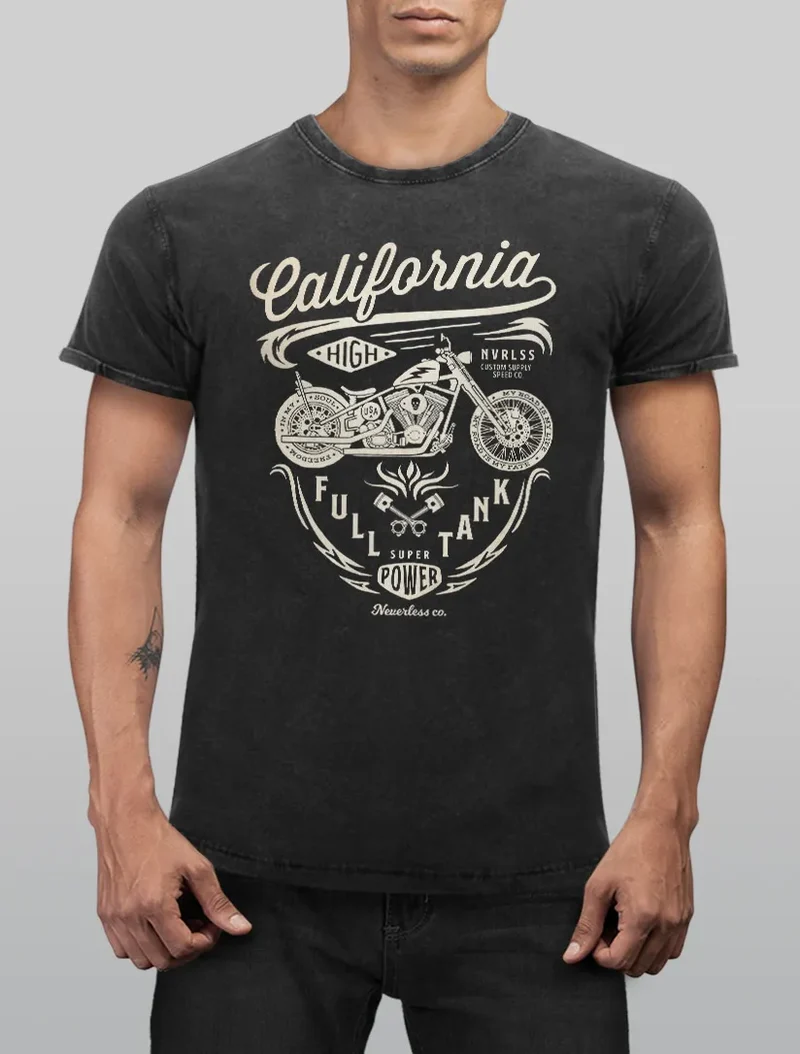 Herren Vintage Shirt Biker Motorrad Schriftzug California Full Tank Used Look Slim Fit
