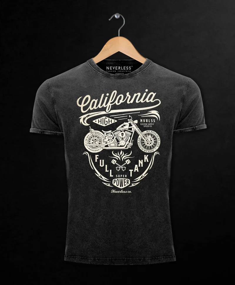 Herren Vintage Shirt Biker Motorrad Schriftzug California Full Tank Used Look Slim Fit