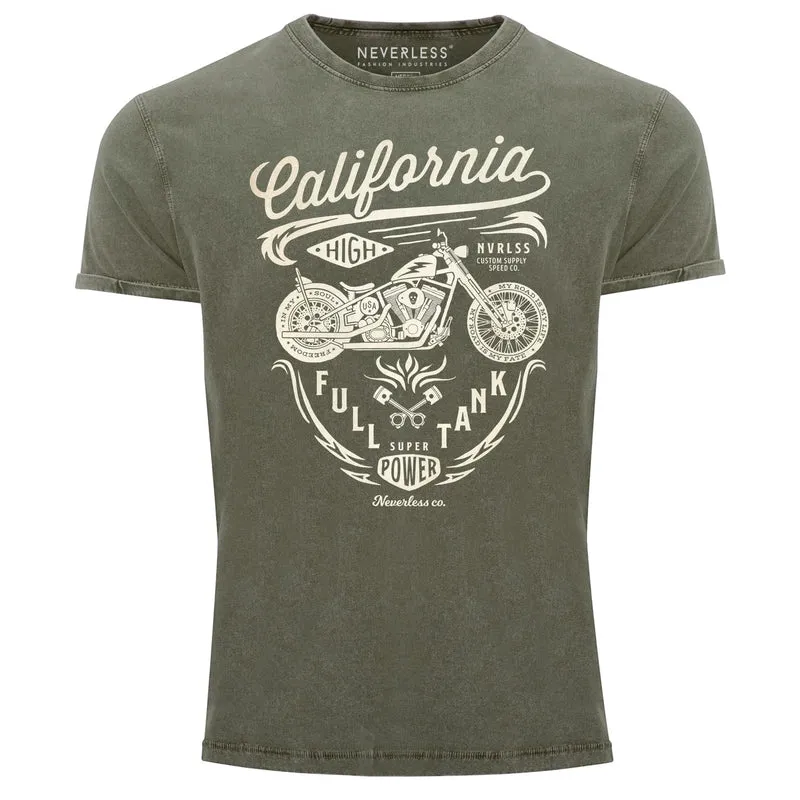 Herren Vintage Shirt Biker Motorrad Schriftzug California Full Tank Used Look Slim Fit