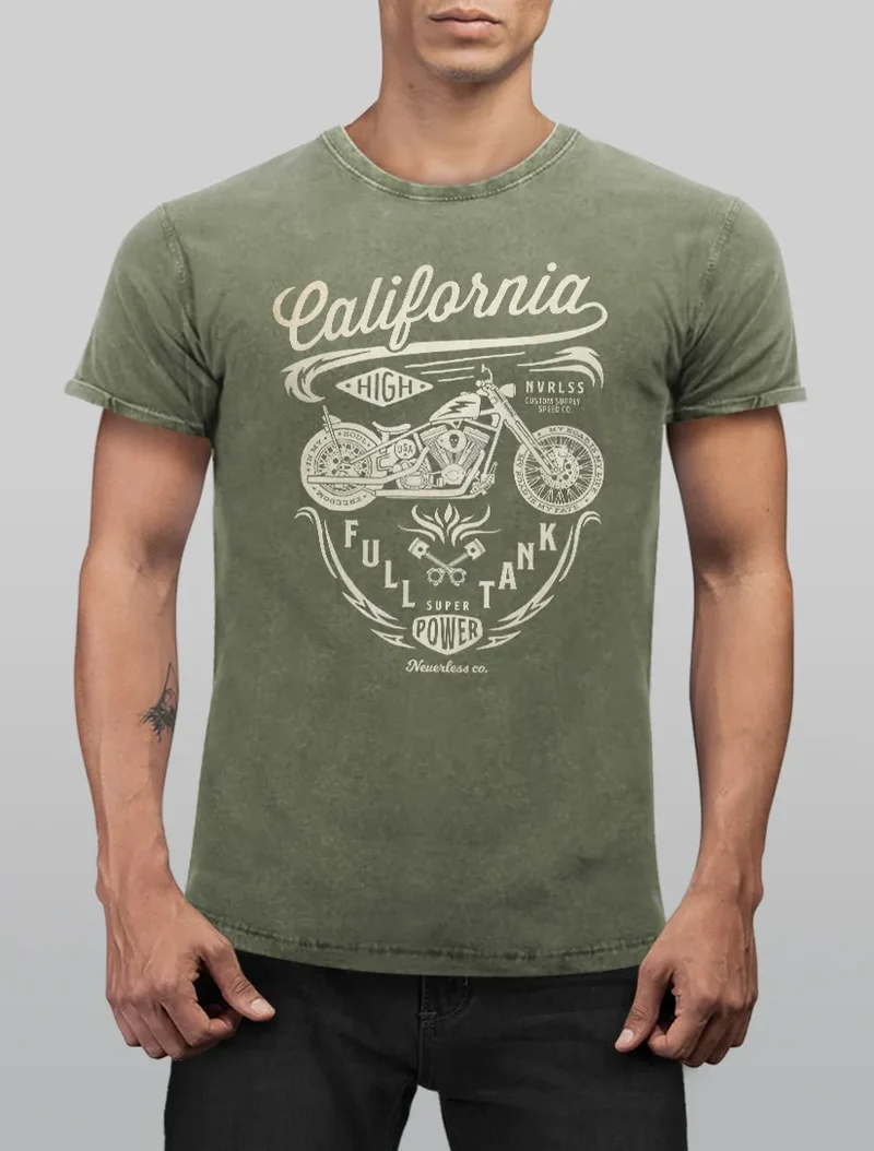 Herren Vintage Shirt Biker Motorrad Schriftzug California Full Tank Used Look Slim Fit