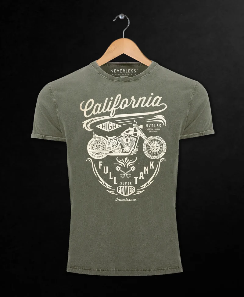 Herren Vintage Shirt Biker Motorrad Schriftzug California Full Tank Used Look Slim Fit