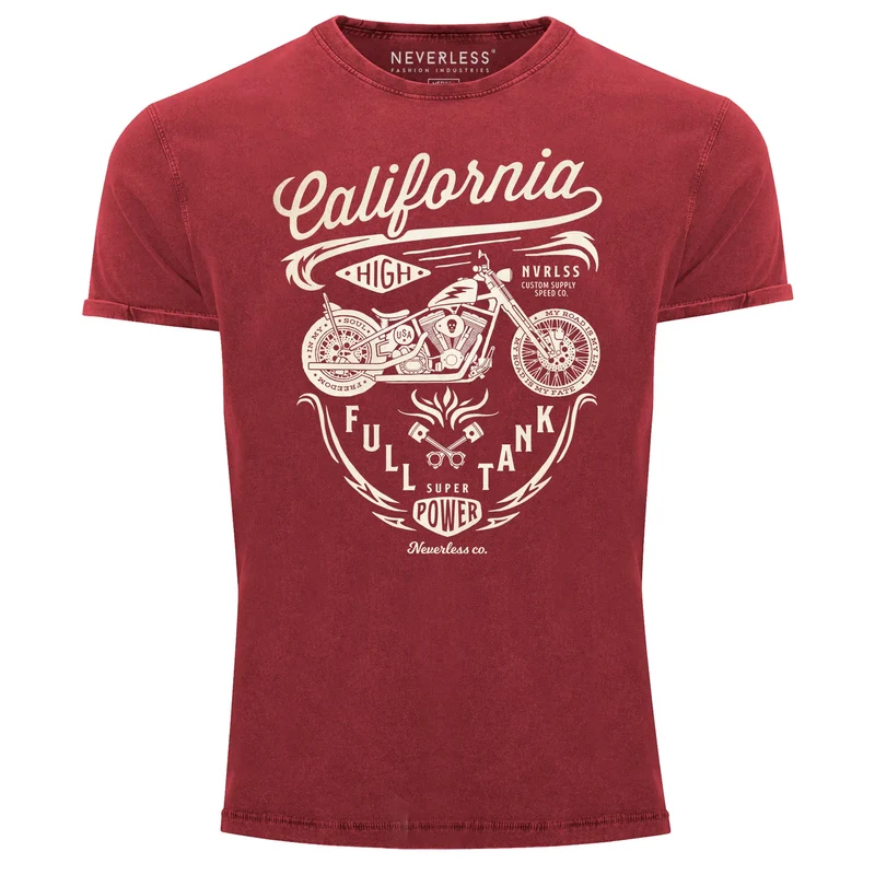 Herren Vintage Shirt Biker Motorrad Schriftzug California Full Tank Used Look Slim Fit