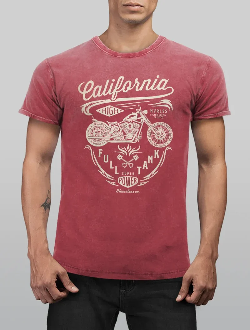 Herren Vintage Shirt Biker Motorrad Schriftzug California Full Tank Used Look Slim Fit