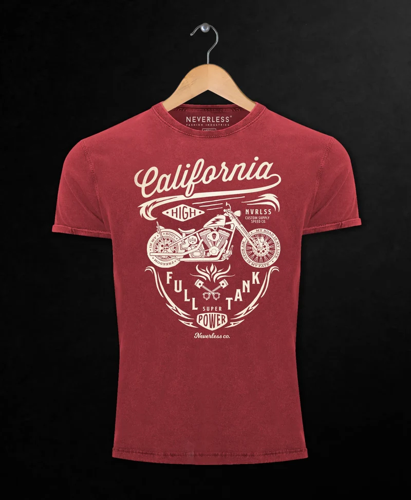 Herren Vintage Shirt Biker Motorrad Schriftzug California Full Tank Used Look Slim Fit