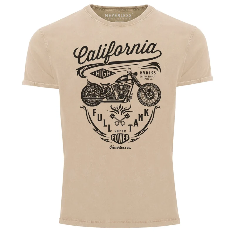 Herren Vintage Shirt Biker Motorrad Schriftzug California Full Tank Used Look Slim Fit