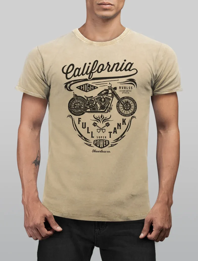Herren Vintage Shirt Biker Motorrad Schriftzug California Full Tank Used Look Slim Fit