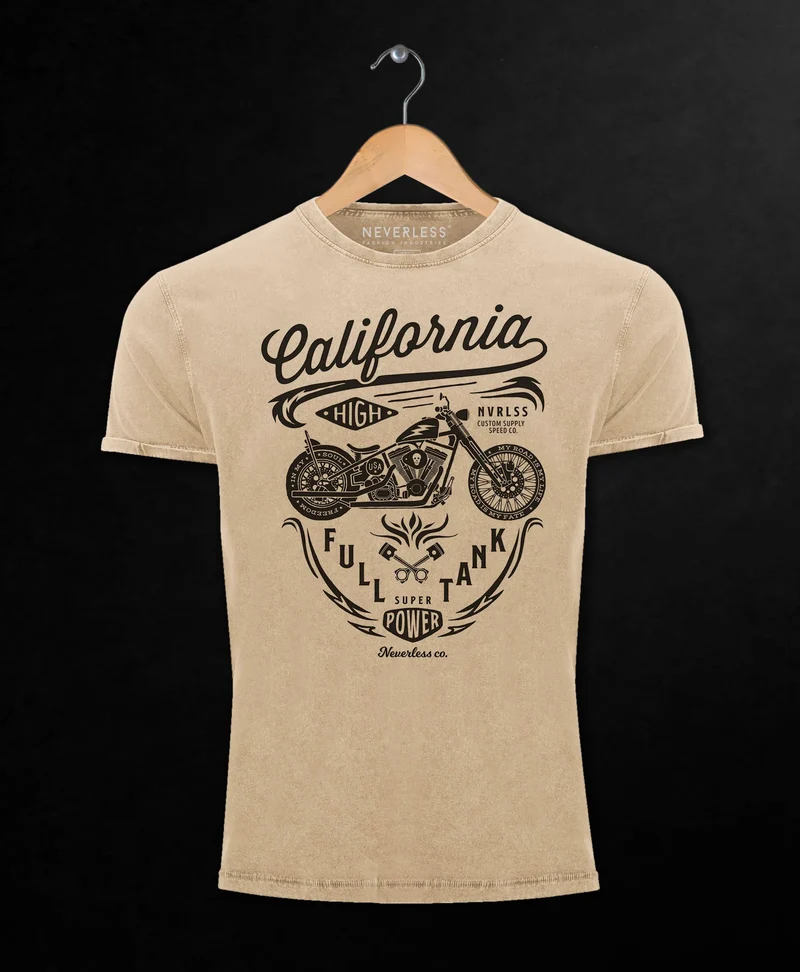 Herren Vintage Shirt Biker Motorrad Schriftzug California Full Tank Used Look Slim Fit