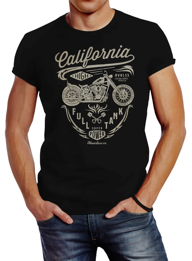 Herren T-Shirt Biker Motorrad Schriftzug California Full Tank Retro Design Fashion Streetstyle