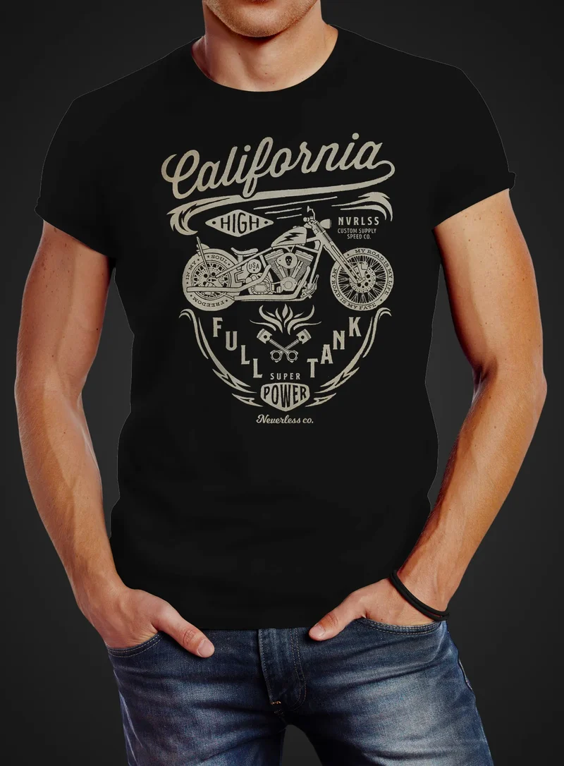 Herren T-Shirt Biker Motorrad Schriftzug California Full Tank Retro Design Fashion Streetstyle