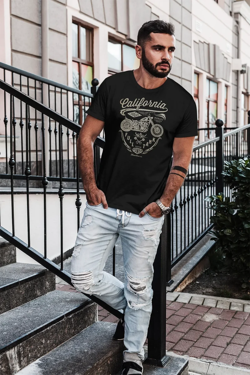 Herren T-Shirt Biker Motorrad Schriftzug California Full Tank Retro Design Fashion Streetstyle
