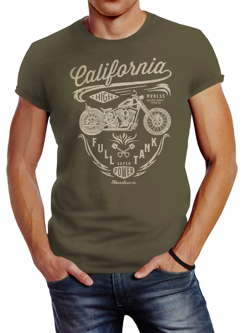 Herren T-Shirt Biker Motorrad Schriftzug California Full Tank Retro Design Fashion Streetstyle