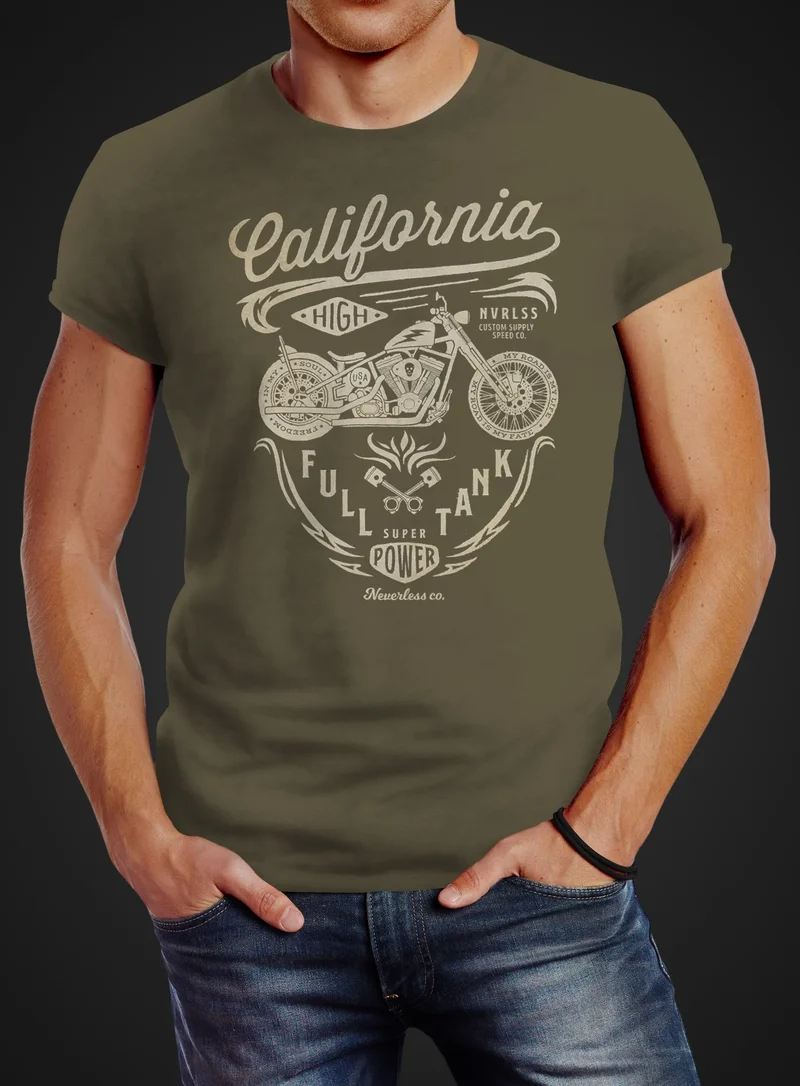 Herren T-Shirt Biker Motorrad Schriftzug California Full Tank Retro Design Fashion Streetstyle