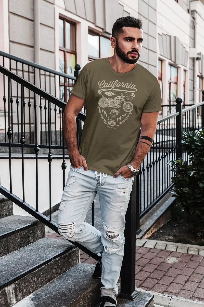 Herren T-Shirt Biker Motorrad Schriftzug California Full Tank Retro Design Fashion Streetstyle