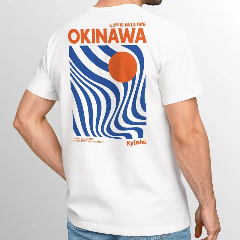 Backprint T-Shirt Herren Okinawa Japan Grafikshirt Retro Stil Minimalistisch Sommer Fashion Männer Baumwolle