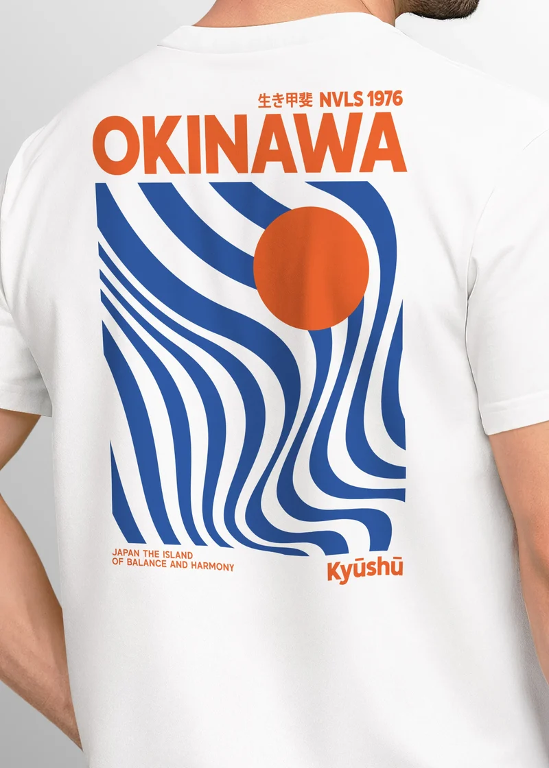 Backprint T-Shirt Herren Okinawa Japan Grafikshirt Retro Stil Minimalistisch Sommer Fashion Männer Baumwolle