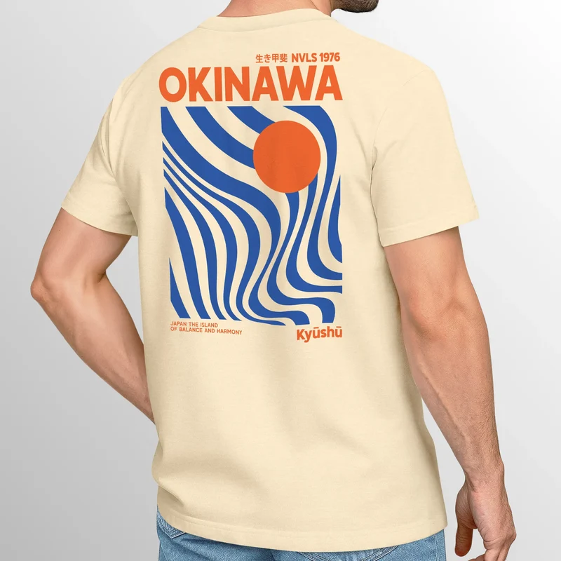 Backprint T-Shirt Herren Okinawa Japan Grafikshirt Retro Stil Minimalistisch Sommer Fashion Männer Baumwolle